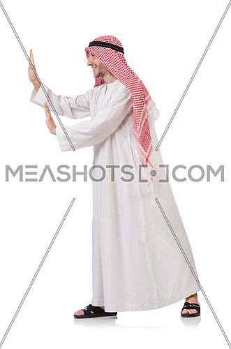Arab man pushing away  virtual obstacle  isolated on white