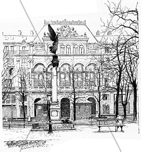 Facade of Gaiety Theatre, for the Square of Arts and Crafts, vintage engraved illustration. Paris - Auguste VITU â 1890.