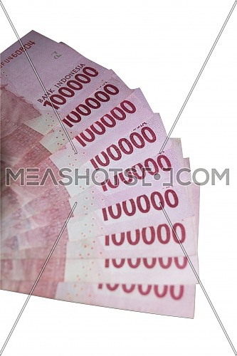Rupiah banknotes line up like hand fans on a isolated background