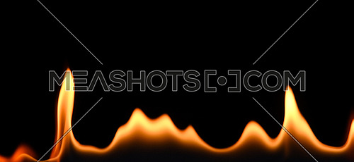 Close up line of fire flames pattern isolated on black background, low angle, side view