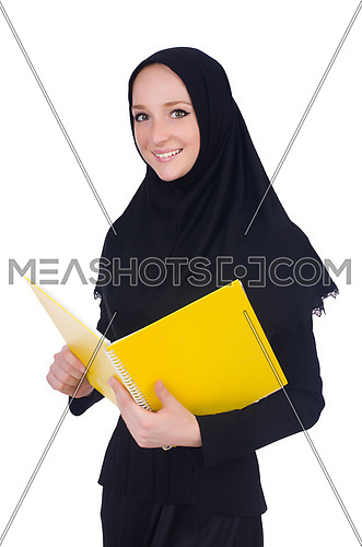 Young muslim student with books on white
