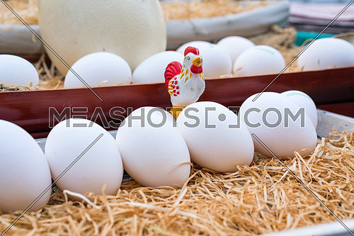 White chicken eggs leaning on straw in wooden basket,close up.