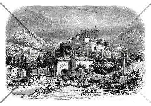 View of Saint-Bertrand de Comminges, vintage engraved illustration. Magasin Pittoresque 1852.