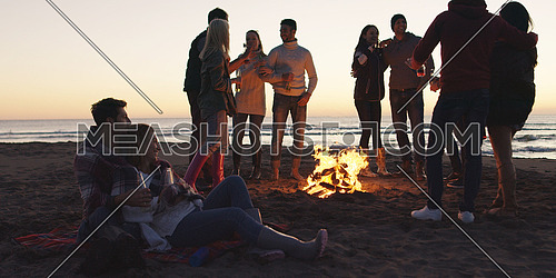 Happy Carefree Young Friends Having Fun And Drinking Beer By Bonefire On The Beach As The Sun Begins To Set