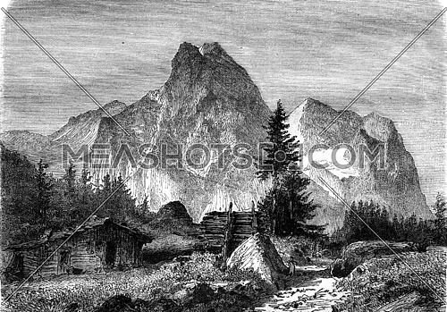 The Rosenlaui Glacier, Switzerland, vintage engraved illustration. Magasin Pittoresque 1878.