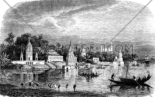 View of Benares, vintage engraved illustration. Journal des Voyage, Travel Journal, (1880-81).