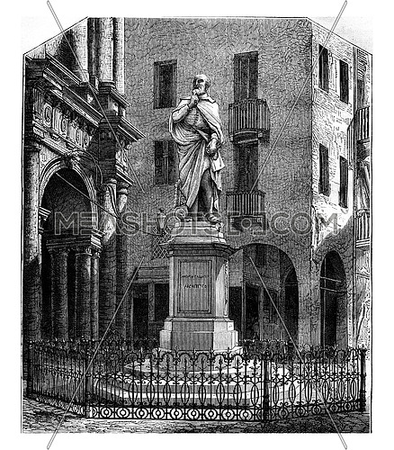 The Statue of Palladio and Ja Basilica in Vicenza, vintage engraved illustration. Magasin Pittoresque 1877.