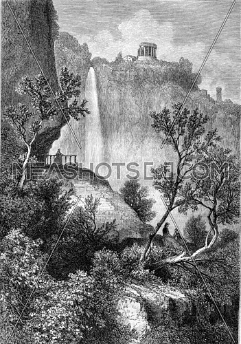 The Temple of the Sibyl at Tivoli, vintage engraved illustration. Magasin Pittoresque 1870.