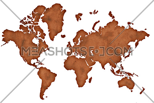 Old vintage darkened brown paper world map isolated on white background