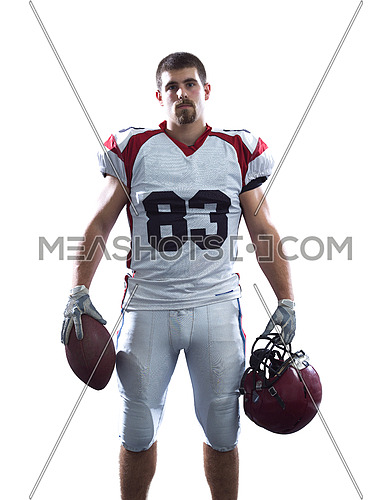 Portrait of a strong muscular American Football Player isolated on white
