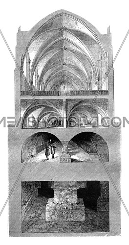 Lycee Napoleon, Refectoire Cup, the kitchen, the cellars, the Catacomb, vintage engraved illustration. Magasin Pittoresque 1857.