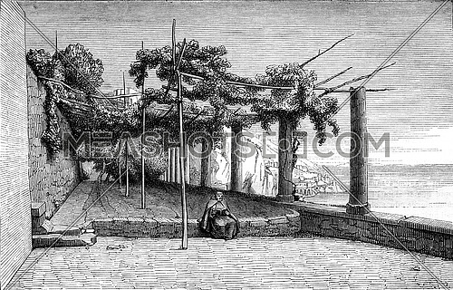 Terrace of the Capuchin convent in Amalfi, in the Gulf of Salerno, vintage engraved illustration. Magasin Pittoresque 1847.