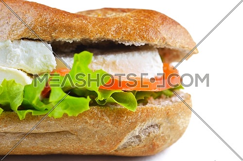 fresh sandwich close up with vegetables and meat fish isolated on white background