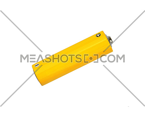 Close up one blank vivid yellow alkaline AA battery with copy space isolated on white background