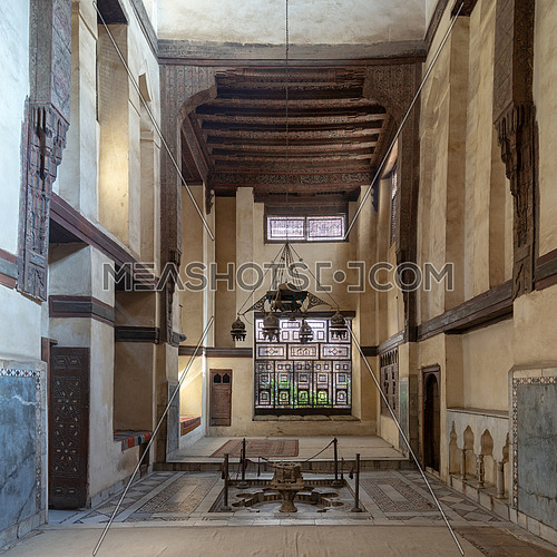 Room at El Sehemy house, an old Ottoman era historic house in Islamic Cairo, built in 1648 with Interleaved wooden window (Mashrabiya) and fountain, Cairo, Egypt