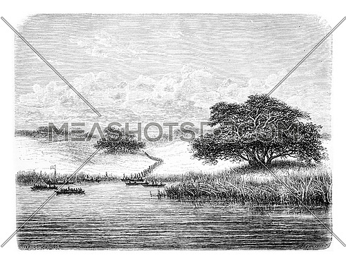 Crossing the Kwanza River, in Angola, Southern Africa, drawing by De Bar based on the English edition, vintage illustration. Le Tour du Monde, Travel Journal, 1881