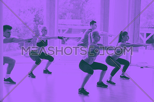 Group of people exercising at the gym and stretching duo tone
