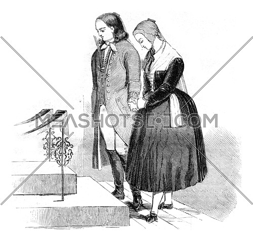 Betrothed, vintage engraved illustration. Magasin Pittoresque 1845.