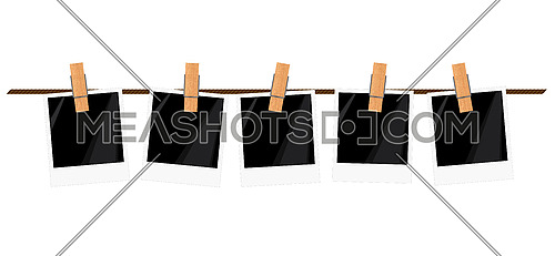 Vector illustration of five empty blank instant photo frame slides hanging on a rope with wooden clothespin over white background