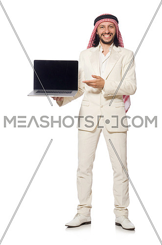 Arab businessman with computer on white