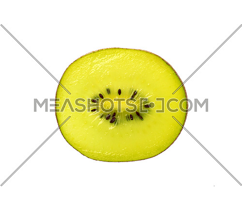 Close up one round thin cut slice of fresh green kiwi fruit, backlit and isolated on white background
