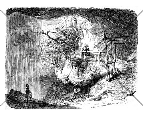A view of the waterfall Giessbach, vintage engraved illustration. Magasin Pittoresque 1846.