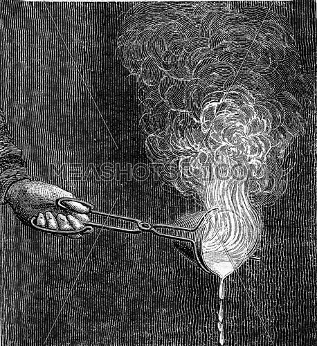 Combustion of the zinc in a crucible, vintage engraved illustration. Magasin Pittoresque 1870.