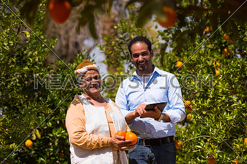 portrait of an elderly middle eastern farmers and young man on a farm of orange with a smile on their faces a sunny summer day