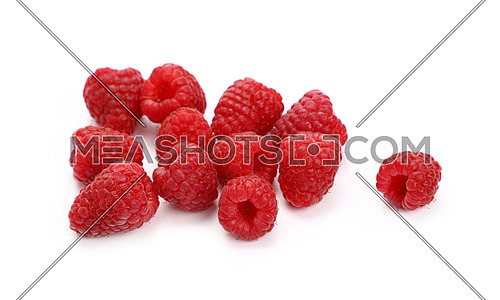 Group of fresh red ripe mellow raspberry berries isolated on white background, close up, high angle view