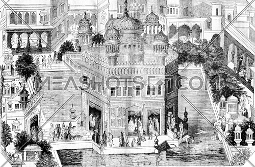 View of the golden temple, pelvis and part of the city of Amritsar in the kingdom of Lahore, vintage engraved illustration. Magasin Pittoresque 1836.