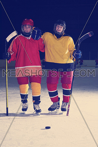 young teen girls ice hockey sport players portrait