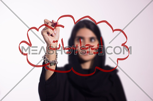 Arabian middle eastern business woman writing with a marker on virtual screen in arabic positiveness
isolated on white background