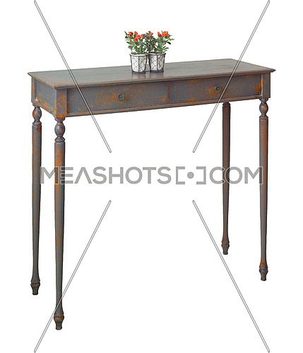 Vintage Furniture - Old style desktop flower planter with red flowers and green leaves on the top of retro wooden vintage table with two drawers painted in grey and orange isolated on white, including clipping path