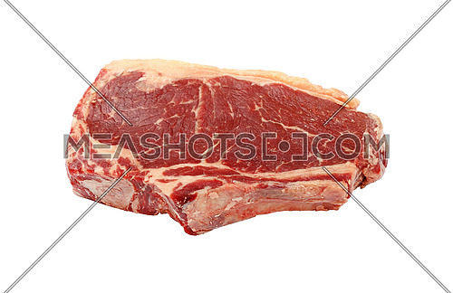 Close up one raw ribeye beef steak with rib bone isolated on white background, high angle view
