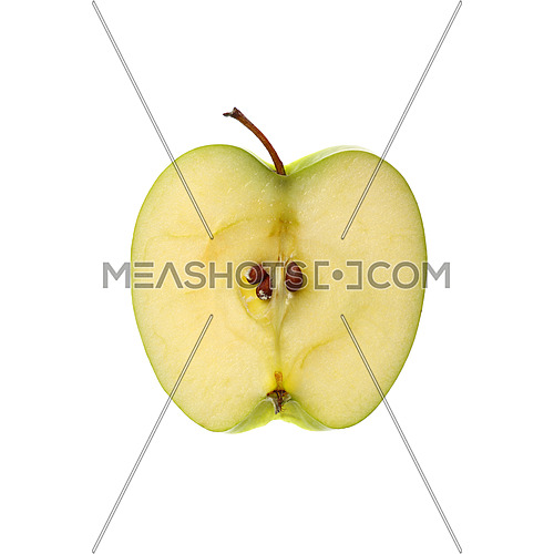 Close up one round thin cut slice of fresh green apple, backlit and isolated on white background