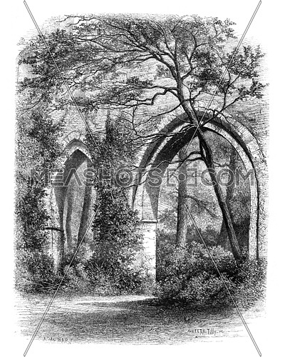 Cloister of the Abbey of Vaux Cernay, France, vintage engraved illustration. Magasin Pittoresque 1875.