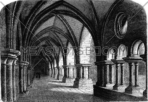 Northern wing of the cloister of the abbey of Luxeuil, vintage engraved illustration. Magasin Pittoresque 1869.
