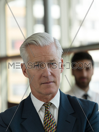 portrait of senior businessman as leader  at modern bright office, business  team  people group in background