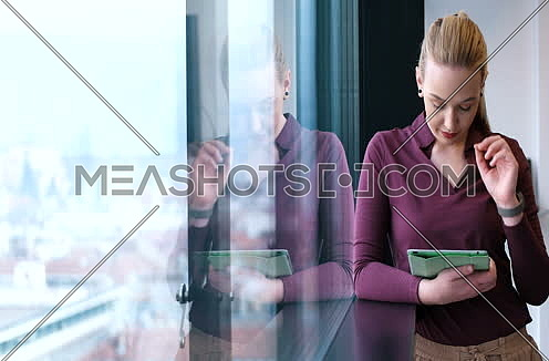 Pretty Businesswoman Using Tablet In Office Building by window