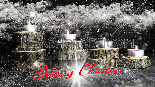 Merry Christmas. Christmas candles burning, decoration on wooden logs resting on rustic wooden background with Snow, Flakes, Stardust, Stars, Clouds and Sun Rays