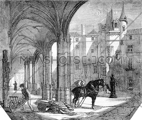 View of the courtyard of the Museum of angers, by prosper Saint-Germain, vintage engraved illustration. Magasin Pittoresque 1842.