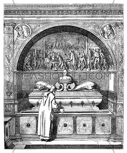 The fountain of the Monks, has the Certosa of Pavia. - Drawing of E. Lechevallier-Chevignard, vintage engraved illustration. Magasin Pittoresque 1875.