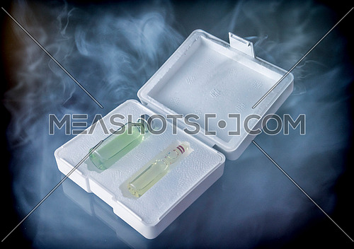 Isothermal box with two vaccines extracted of the freezer, conceptual image