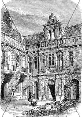 Pailly Castle, indoor view, vintage engraved illustration. Magasin Pittoresque 1857.