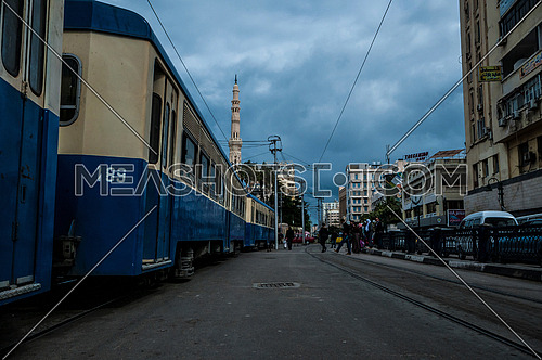 Long shot for Al Qaaed Ibrahim Basha Mousque showing traffic and trams