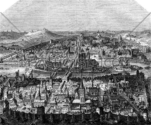 View of Paris, after a print of the late sixteenth century, vintage engraved illustration. Magasin Pittoresque 1845.