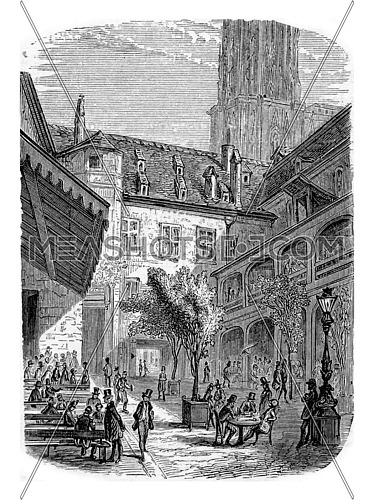 A Brasserie in Dauphine, Southeastern France. From Chemin des Ecoliers, vintage engraving, 1876.