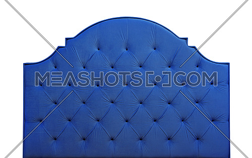 Shaped dark navy blue color soft velvet fabric capitone bed headboard of Chesterfiels style sofa isolated on white background, front view