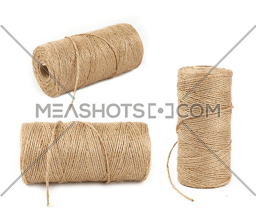 Three different angles of big coil bobbin of natural brown twine hessian burlap jute rope over white background