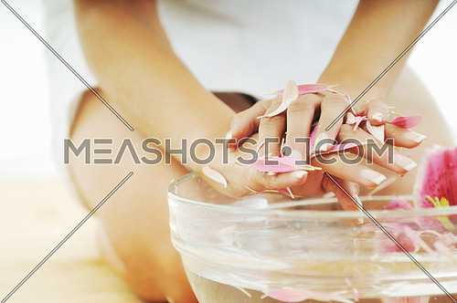 hand spa and beauty treatment with aroma and flowers in water